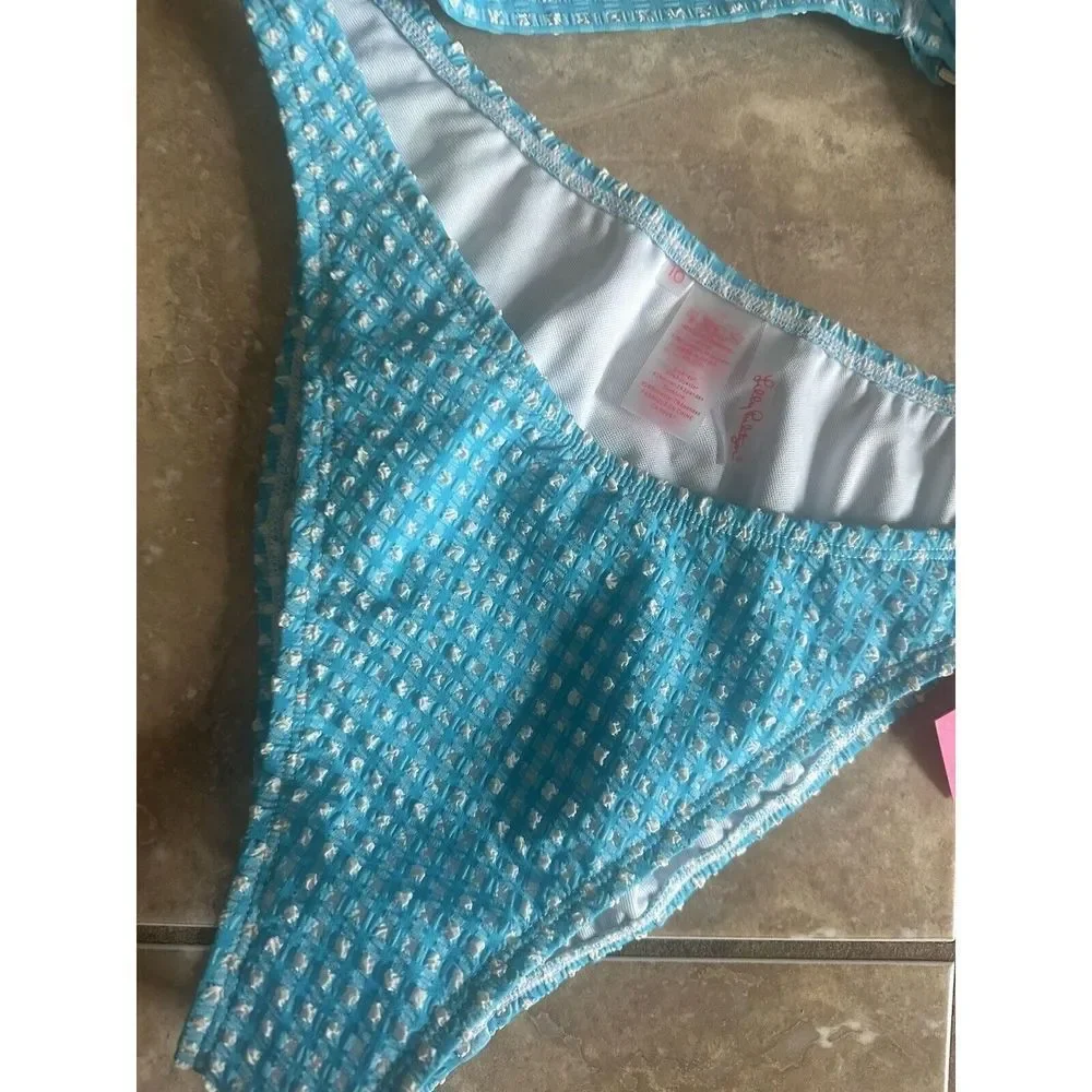 NWT Lilly Pulitzer 10 Crinkle Gingham Swim Bikini Set Turquoise Oasis - Picture 2 of 7